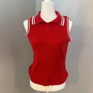 Retro Y2K Red Ribbed Sleeveless Polo Top – Preppy Knit Tank